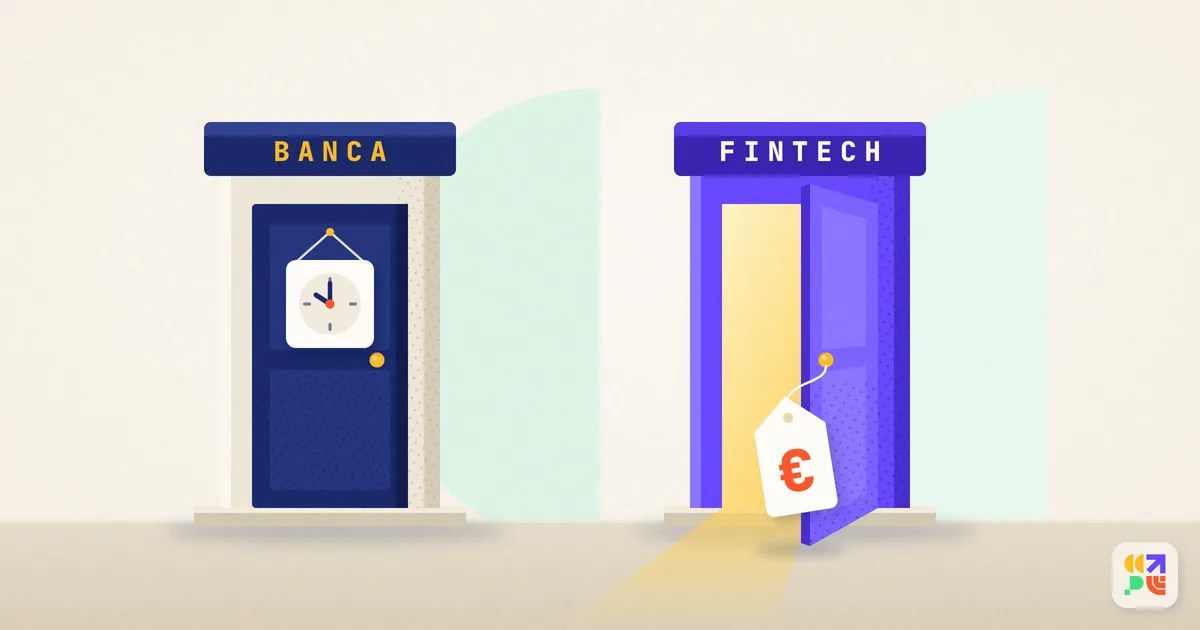 Due porte: quella della banca è chiusa e ha un orologio appeso, quella della fintech è aperta e ha un cartellino con il simbolo dell’euro