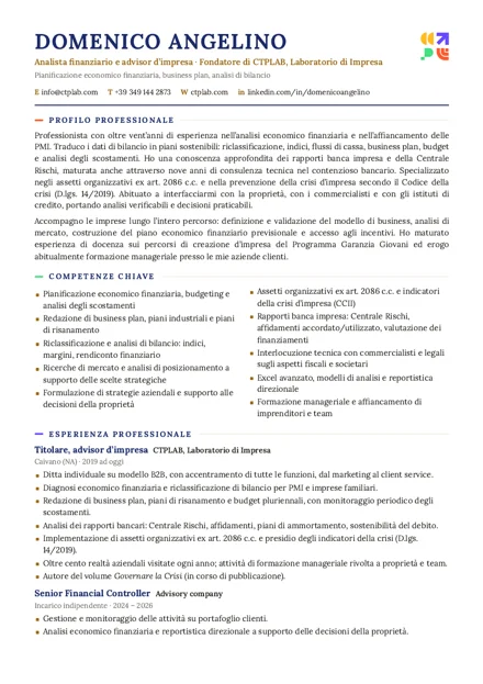 Copertina del curriculum di Domenico Angelino